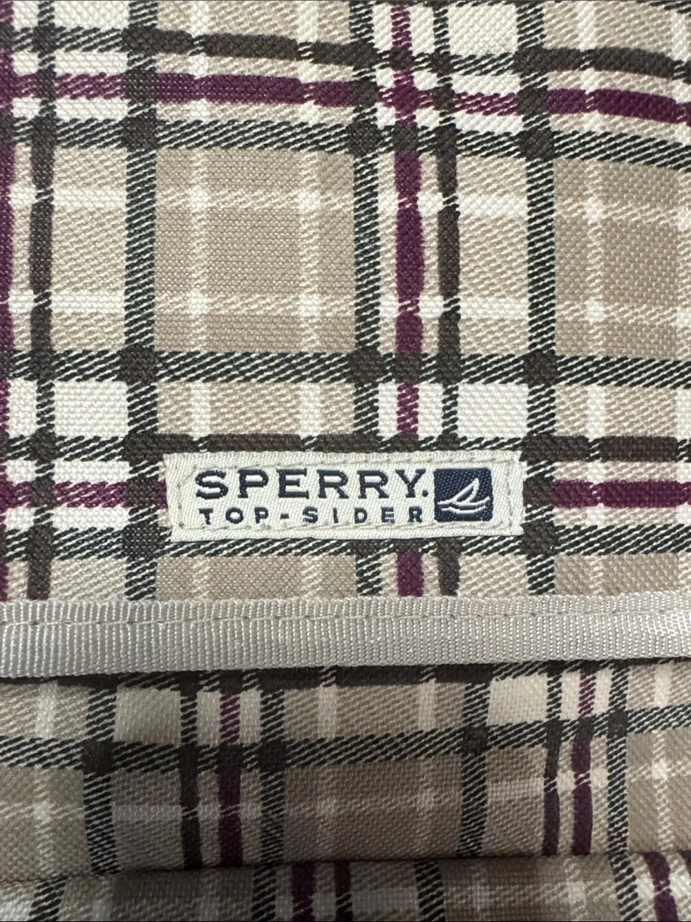 Sperry Beige Plaid Messenger Bag with Burgundy Accents